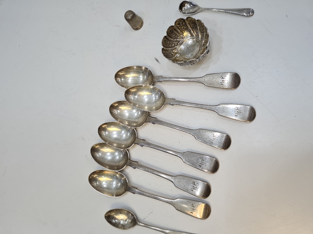 A mixed silver lot comprising four silver teaspoons by Francis Higgins II, London 1864. With two oth