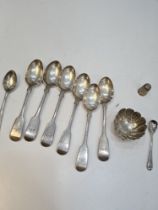 A mixed silver lot comprising four silver teaspoons by Francis Higgins II, London 1864. With two oth