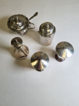 Cruet items comprising of a salt and pepper pair, Chester 1945, Sydney J Hall. Also with another sil