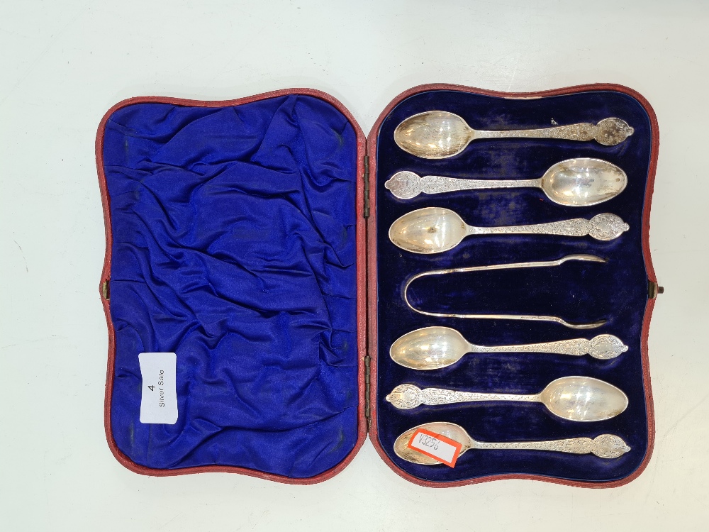 A cased set of Victorian silver teaspoons and sugar tongs. The handles being ornate and decorative, - Image 4 of 6