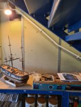 A part built Caldercraft H.M. Bark Endeavour on stand with remaining boxed contents and tools