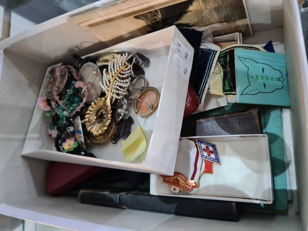 A mixed selection of cloth and enamel badges, Red Cross, Scouts, etc, costume jewellery, fountain pe