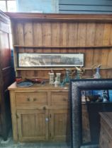 An old stripped pine kitchen dresser having 3 drawers and rack back, 184cm