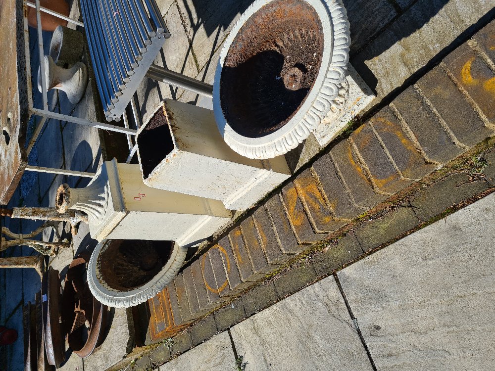 A pair of Victorian style cast iron garden urns on square plinth bases - Image 3 of 3