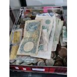 A tin of mixed coinage, bank notes, etc