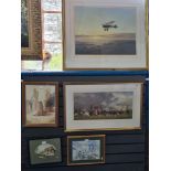 Gerald Coulson, a pencil signed print of Bi-plane titled "The Lonely Sky" and 4 sundry pictures