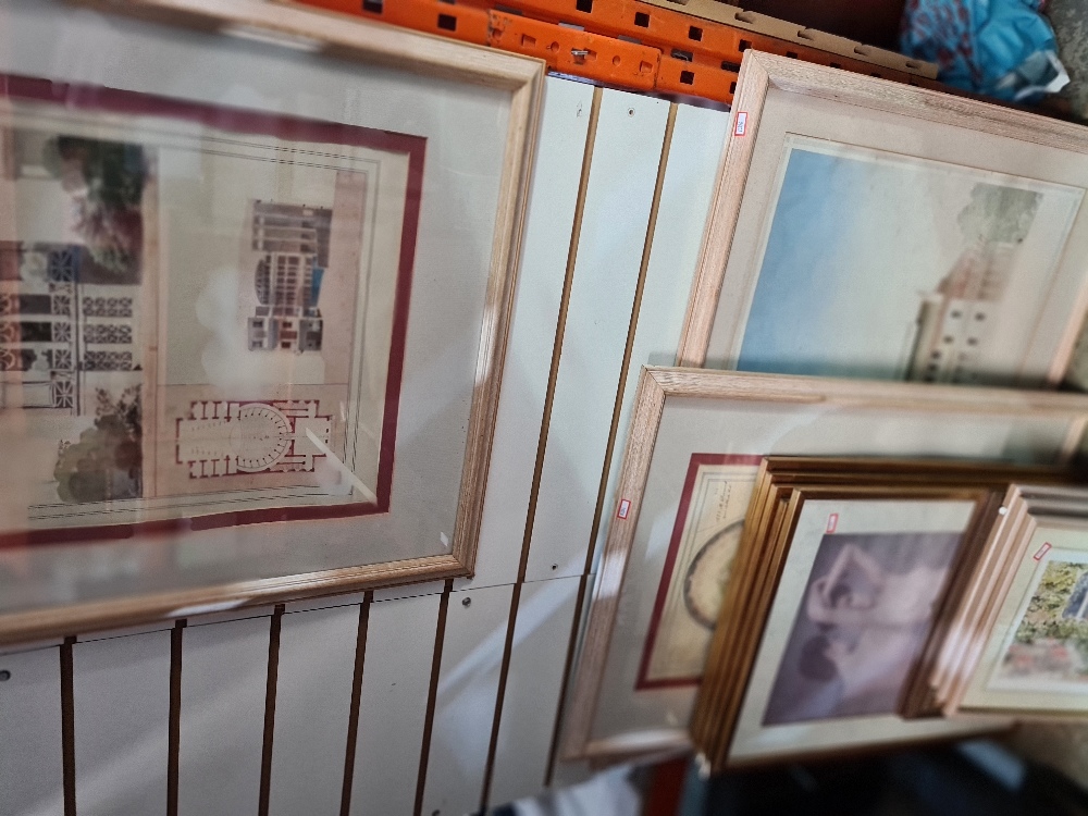 A quantity of pictures to include a pair of Repro architectural prints