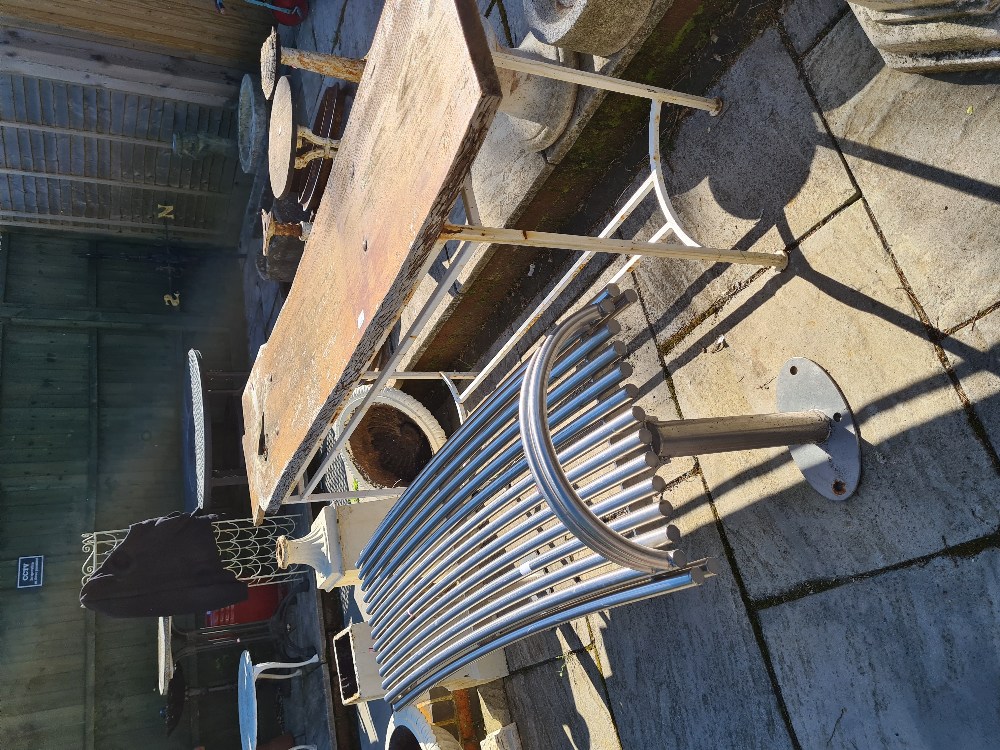 A garden table having wooden top and a modern tubular metal seat - Image 3 of 3