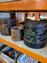 Three vintage wooden dried goods containers and 2 painted wooden container having lids and handles d