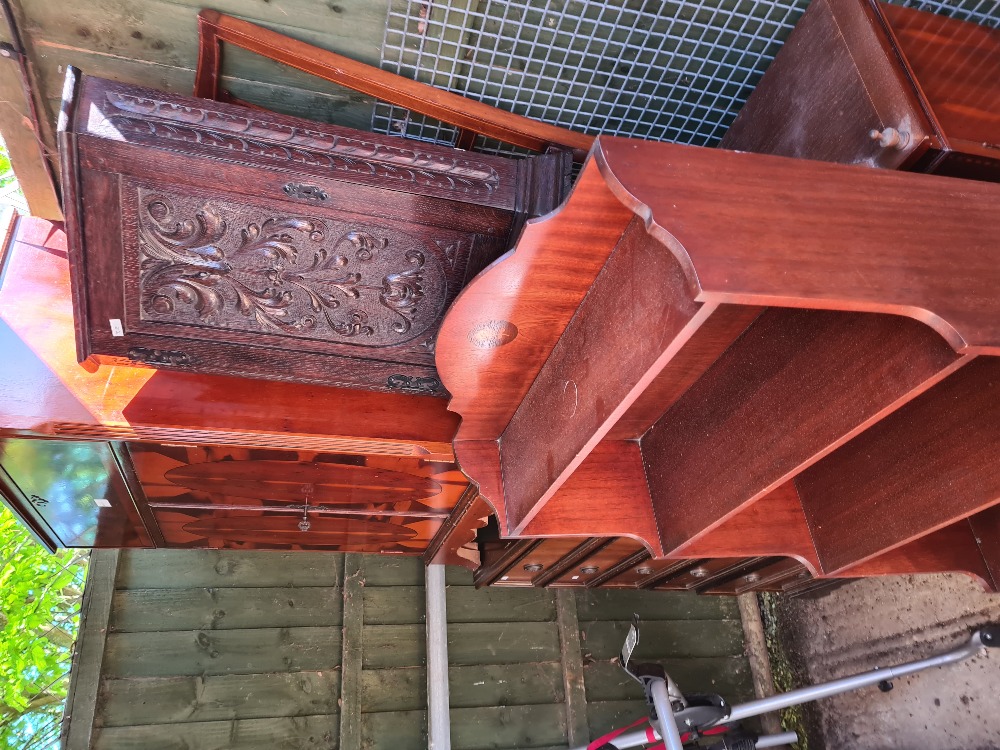 Various household furniture to include a small carved oak hanging corner cupboard