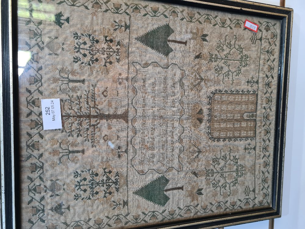 An antique needlework sampler decorated house, trees and figures, 1839 32 x 39cm and one other embro - Image 5 of 7