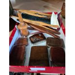 Six vintage purses, mostly leather, gloves stretchers and a tree powder container