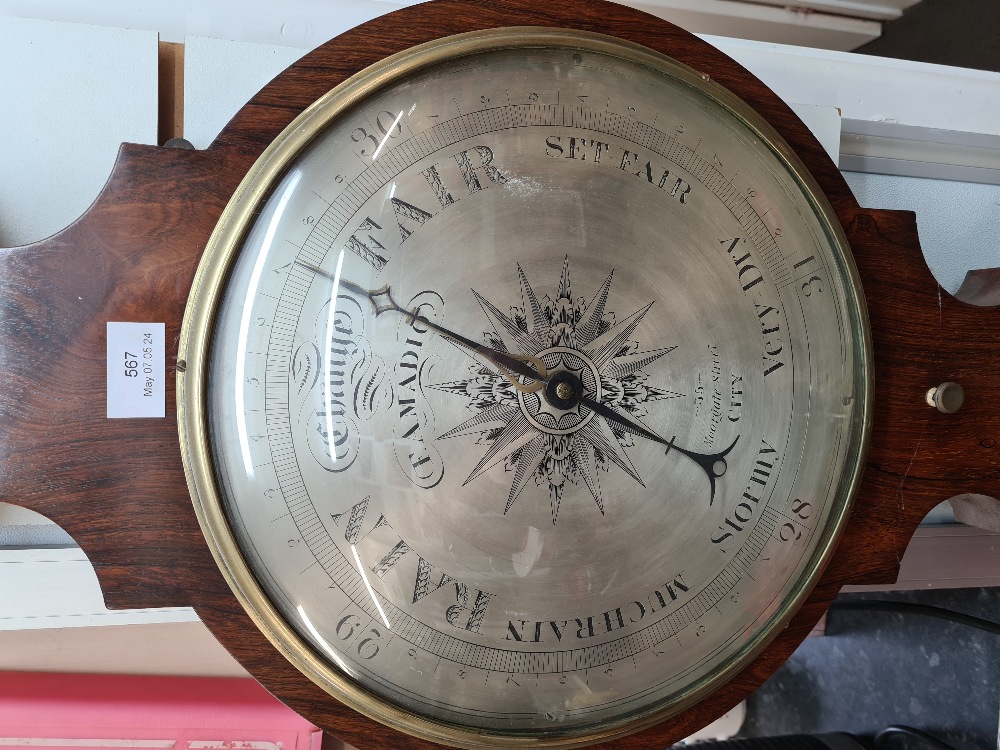 A large Victorian Rosewood Banjo Barometer by F Amadio, 35 Moorgate Street, the dial 32cm approx - Image 2 of 5