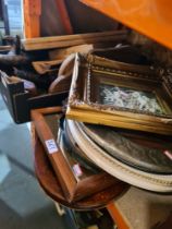 A box of Treen including carved items pictures and mirrors