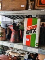 A selection of vintage oil, jugs, some still showing signs i.e. B.P., Esso, Castrol, etc