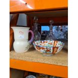 A Clarice Cliff jug an Imari bowl and 2 decanters