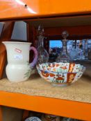 A Clarice Cliff jug an Imari bowl and 2 decanters