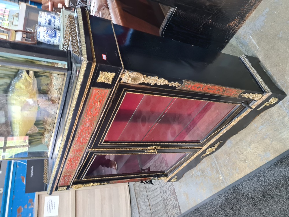 A late Victorian ebonized and Boville decorated display cabinet having 2 doors and metal mounts A/F - Image 4 of 4