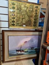 A modern Spanish oil painting of 2 boats signed and a reproduction map