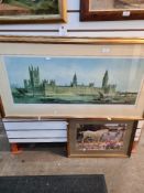 A panoramic style print of Westminster Palace and one other print