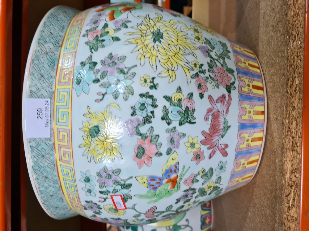 A large 20th century Chinese Jardiniere decorated butterflies and flowers and 2 other items, the lar - Image 2 of 5