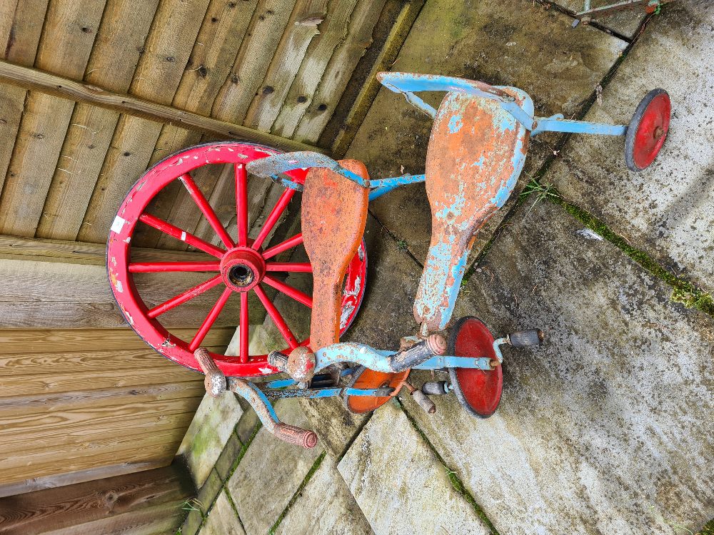 Two vintage child's tricycles, Tri-Ang in style and a small wagon wheel - Image 2 of 5