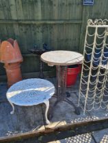 A sundry lot to include a metal wine rack and two tables