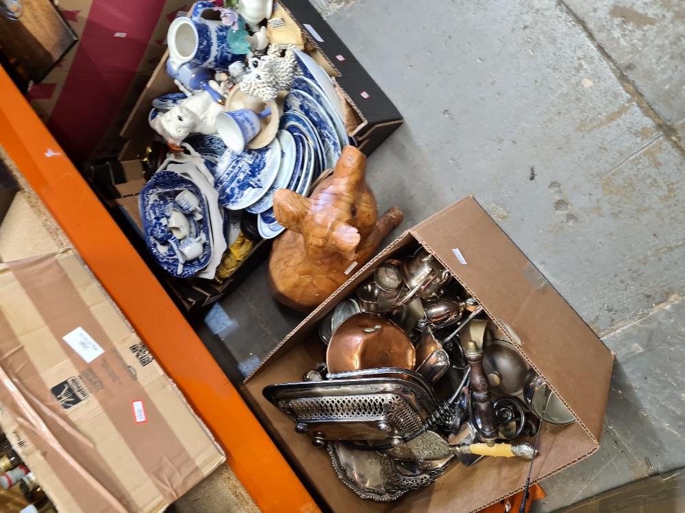 Two boxes of sundry, one being metalware and a wooden pig