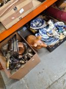 Two boxes of sundry, one being metalware and a wooden pig