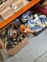 Two boxes of sundry, one being metalware and a wooden pig