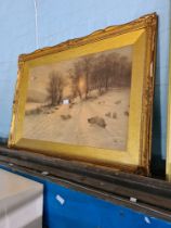 After Joseph Farquharson RA- An old coloured print of sheep in wintery landscape
