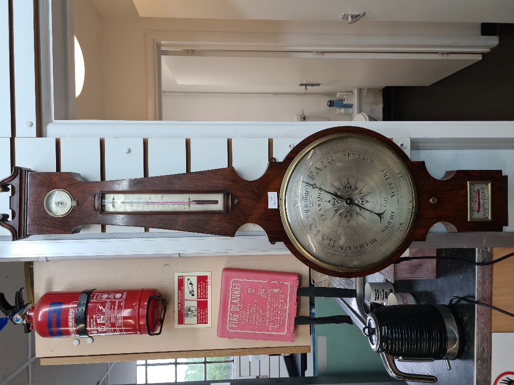 A large Victorian Rosewood Banjo Barometer by F Amadio, 35 Moorgate Street, the dial 32cm approx