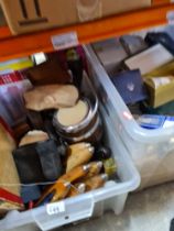 A box of various ceramics including Wedgwood, etc plus mixed collectables brassware, torches, binocu