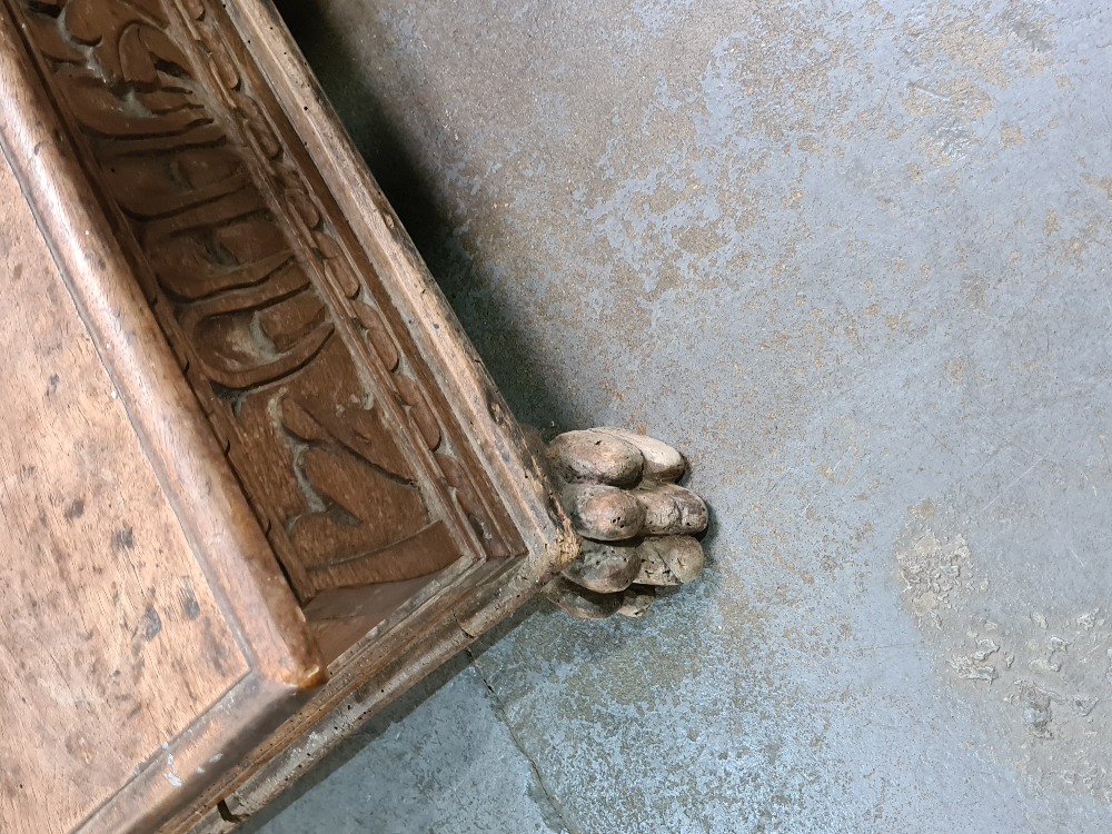 An antique carved walnut prayer kneeler/ Pri Dieu, probably Spanish, having central cupboard flanked - Image 10 of 11