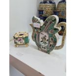 A Chinese teapot having pierced body and a Derby style inkwell