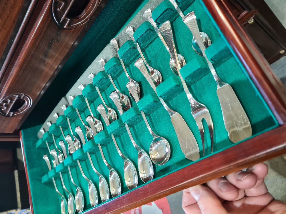 Robee & Berking an extensive silver plated canteen of cutlery in an oriental carved cabinet having f - Image 5 of 7