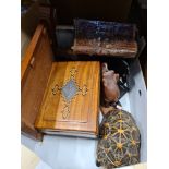 A selectin of tribal carved figures, inlaid boxes, telescope etc and wooden items such as inlaid tab