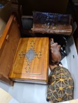 A selectin of tribal carved figures, inlaid boxes, telescope etc and wooden items such as inlaid tab