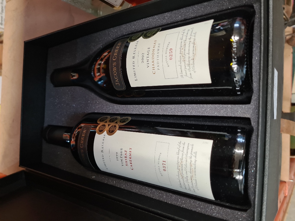 Jacob's Creek, two vintage bottles dated 1999 & 2002, of Shiraz and Chardonnay