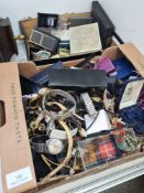 Two boxes of costume jewellery, fashion watches and sundry