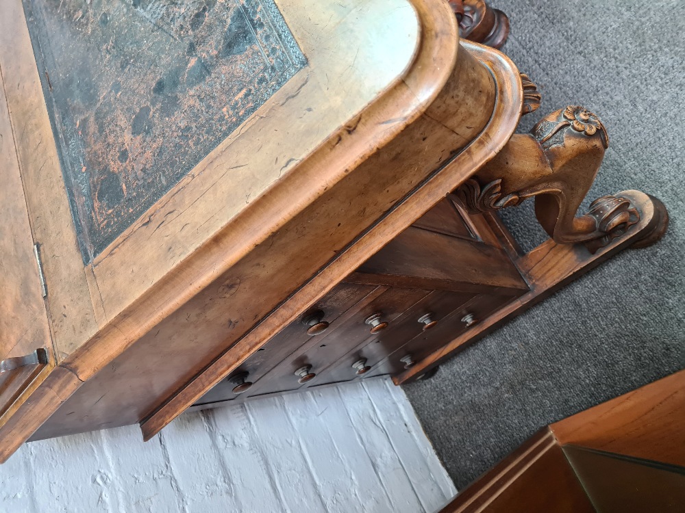 A Victorian walnut Davenport having four side drawers and carved scroll supports - Image 2 of 7