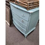A painted chest having 4 long drawers, three chairs and sundry