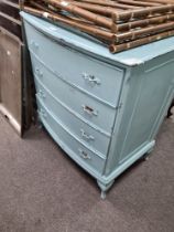 A painted chest having 4 long drawers, three chairs and sundry