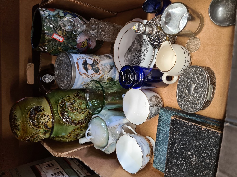 A tray of sundry including a Weymouth Pottery Owl jug with lid