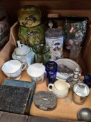 A tray of sundry including a Weymouth Pottery Owl jug with lid