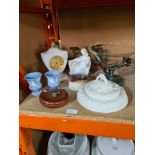A mixed lot to include postage scales, mantle clock and dolphin bowl