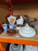 A mixed lot to include postage scales, mantle clock and dolphin bowl