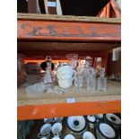 A plain white Doulton character jug of Old Mac, 3 decanters and other glassware