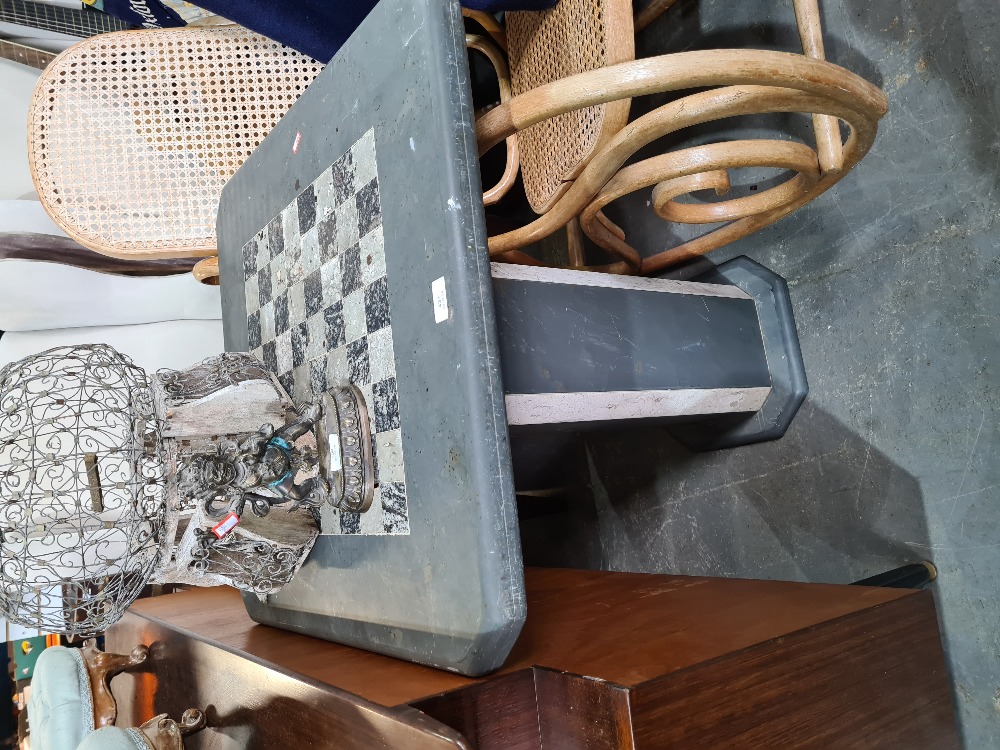 A marble pedestal table having square top with chess board centre, 66cms