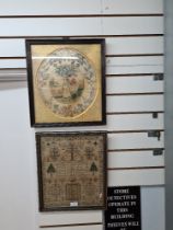 An antique needlework sampler decorated house, trees and figures, 1839 32 x 39cm and one other embro